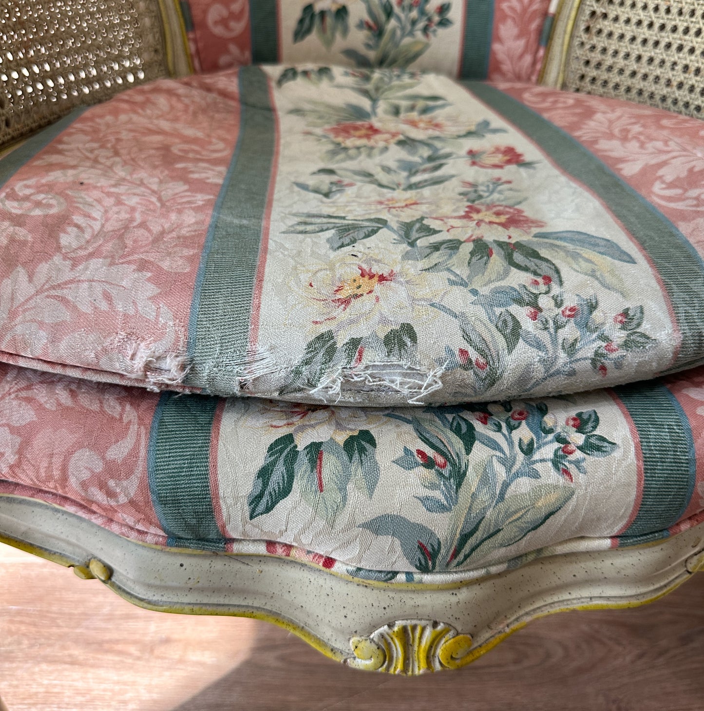Pair of Antique French Cane and Upholstered Arm Chairs