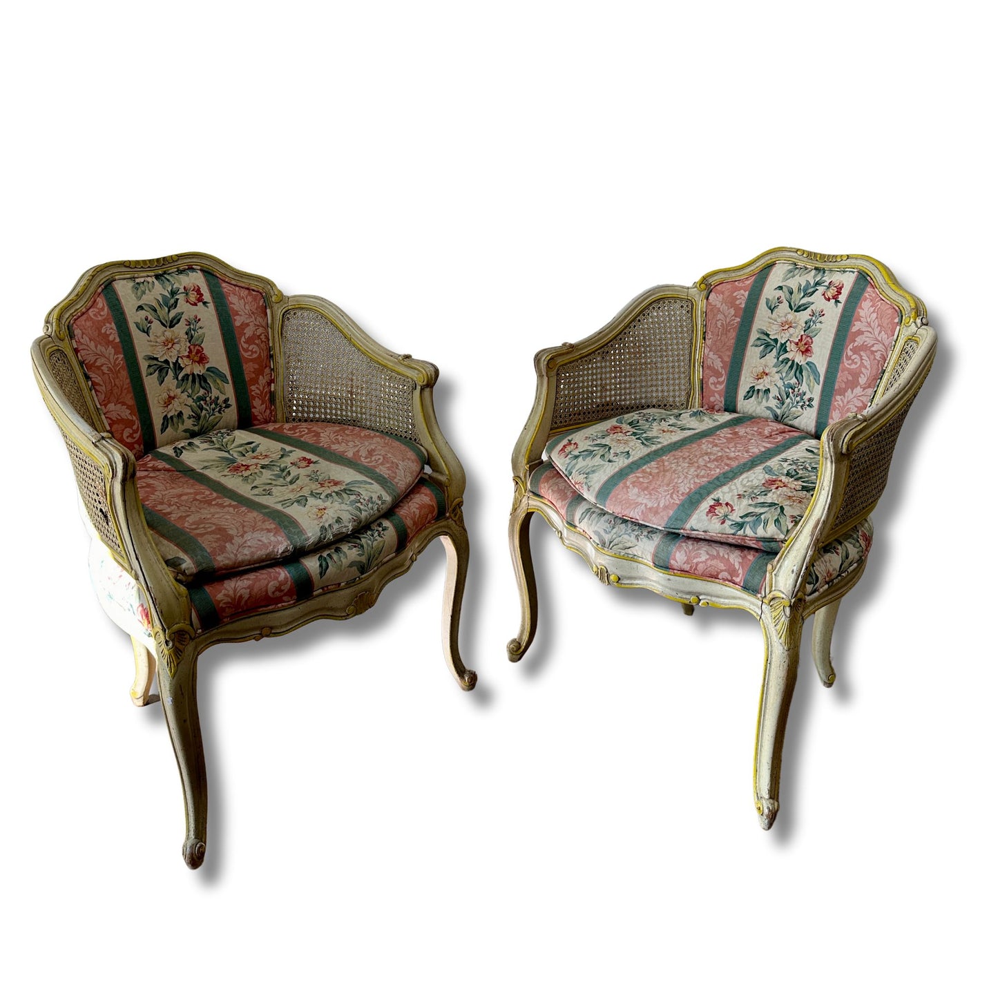 Pair of Antique French Cane and Upholstered Arm Chairs